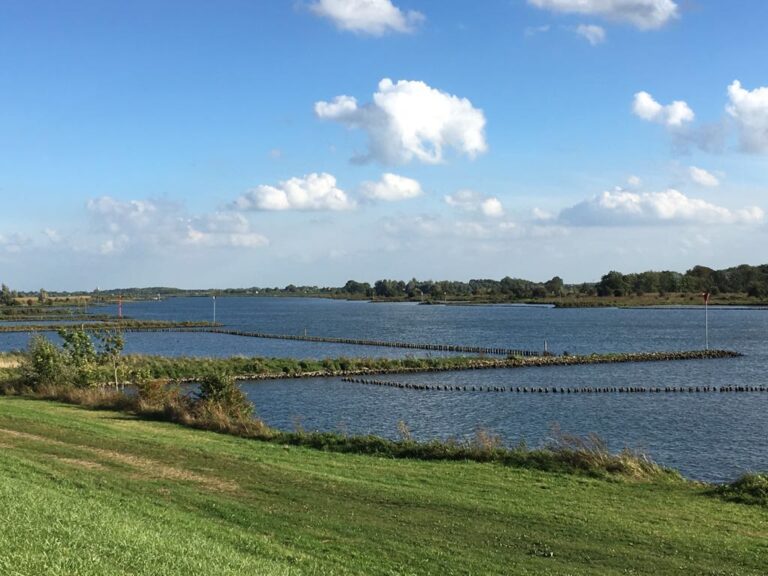 Uiterwaarden van de Lek onder water met wolkenlucht, uitzicht vanaf de dijk