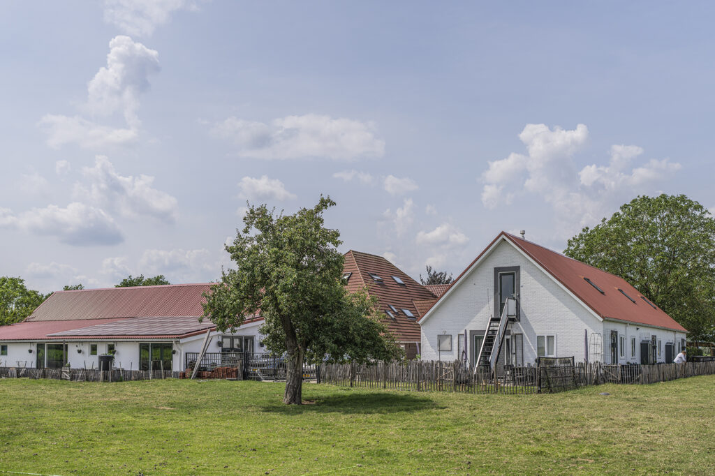 Boomgaard met de witte gevels van de boerderij erachter