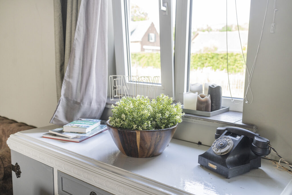 Vensterbank met plant, oude telefoon en uitzicht op de weilanden