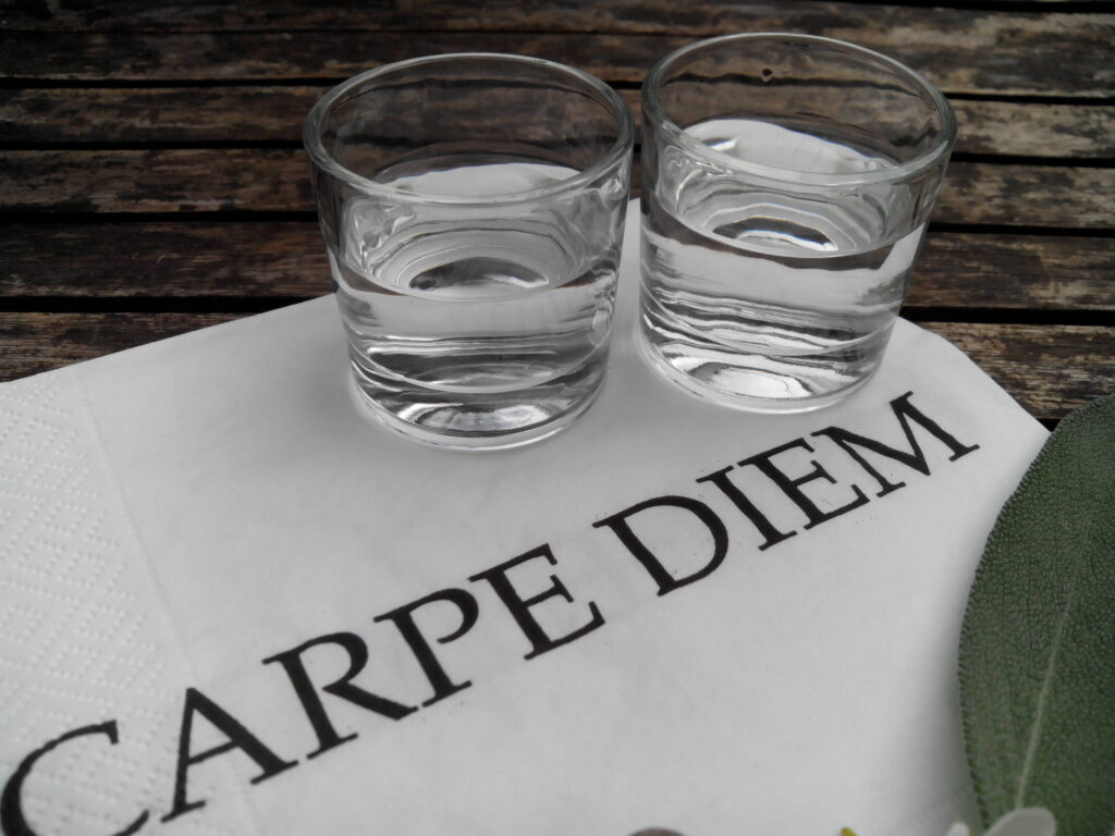 Twee waterglazen op tafel bij de tekst Carpe Diem